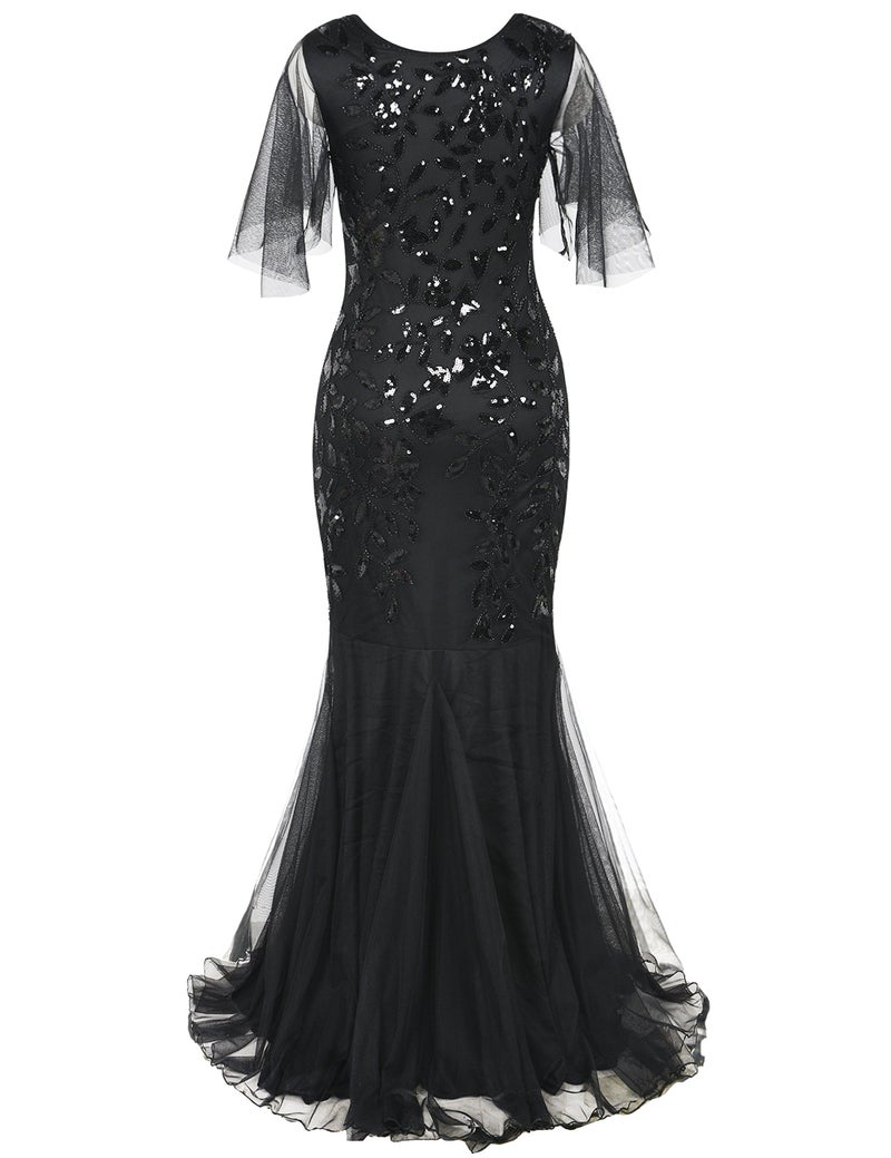 PrettyGuide Women's Evening Dress 1920s Sequin Deco Mermaid Hem Maxi Long Ball Gown Black S - Image 5
